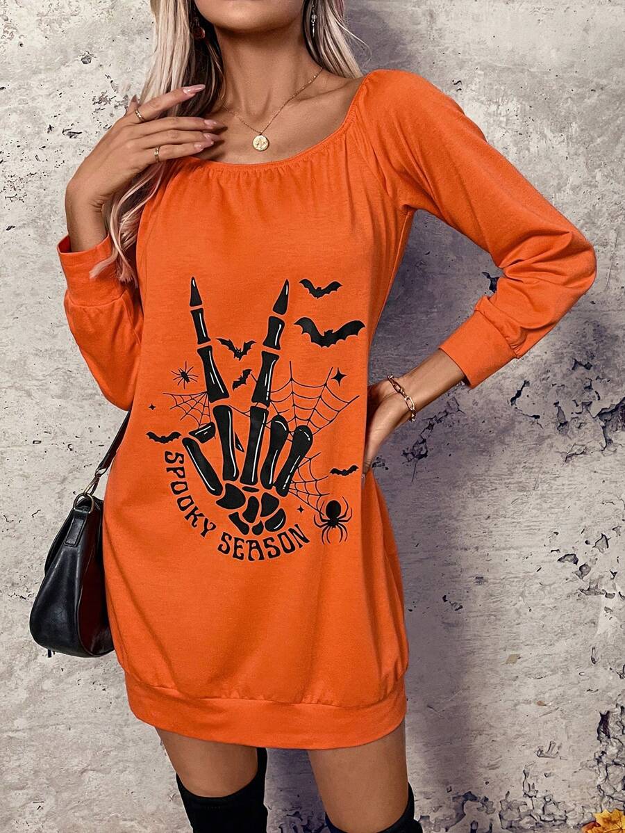 SHEIN LUNE Halloween Off Shoulder Mini Dress Women Horror Season Skeleton Print Autumn Tops & Dress