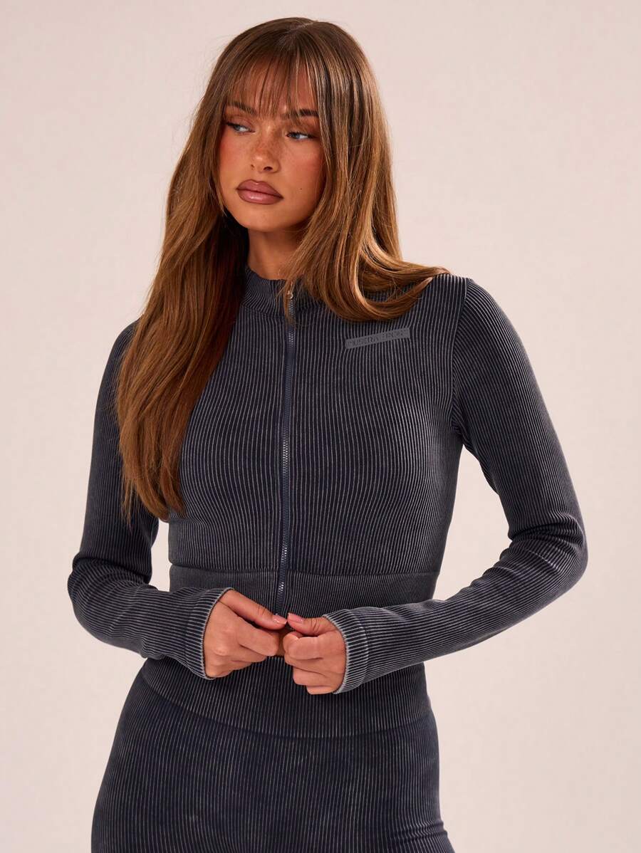Musera Sport Chaqueta deportiva de ajuste ceñido acanalada solo con cuello alto, mangas largas y cierre con cremallera