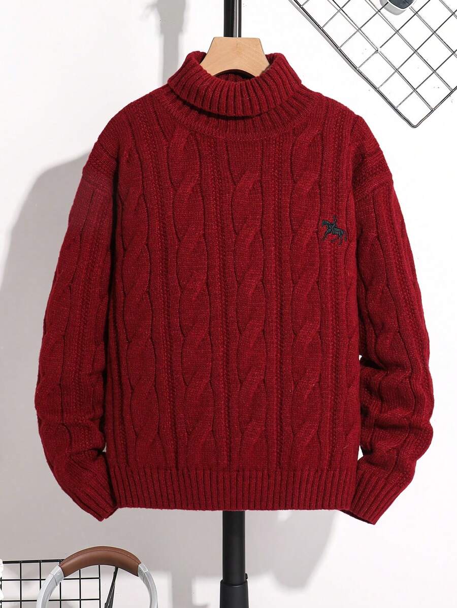 Tween Boy Red Jacquard Embroidered Turtleneck Long-Sleeved Sweater