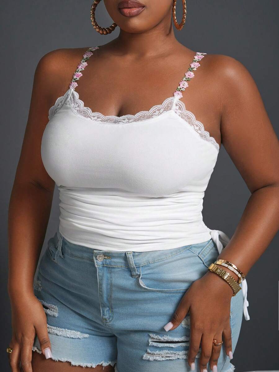 Slaydiva Plus Size Eenvoudig Camisole Topje Met Trekkoord, Bloemenversiering, Wit, Zomer