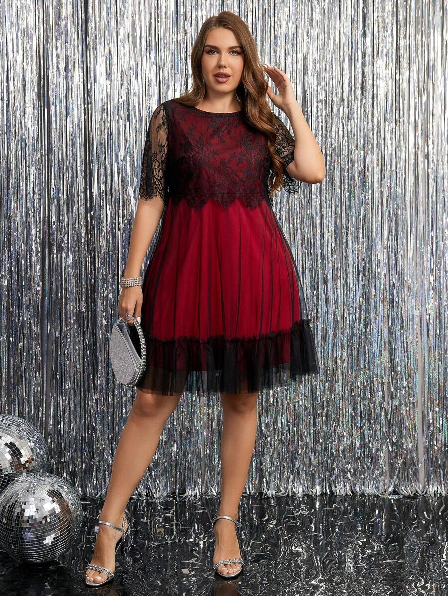 SHEIN Clasi Plus Size Zwarte Kant Contrast Mesh Elegante Zomerjurk