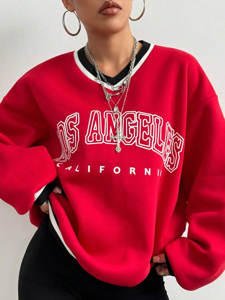 StreetHx V-hals Letter Print Casual Sweatshirt