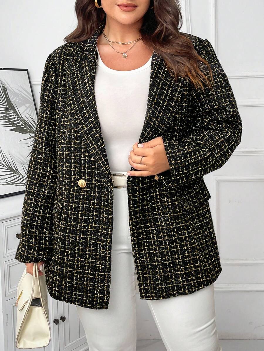 SHEIN Clasi Plus Size Women's Fall Autumn Plaid Lapel Collar Long Sleeve Elegant Blazer