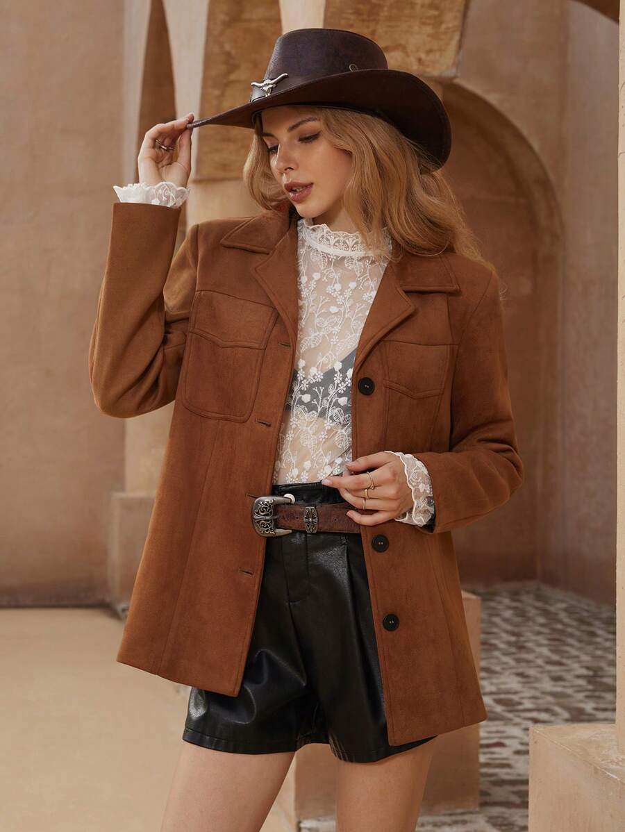 SHEIN Privé Versatile Fashionable Retro OL Commute Suede Chest Pocket Design Long Sleeve Blazer Jacket