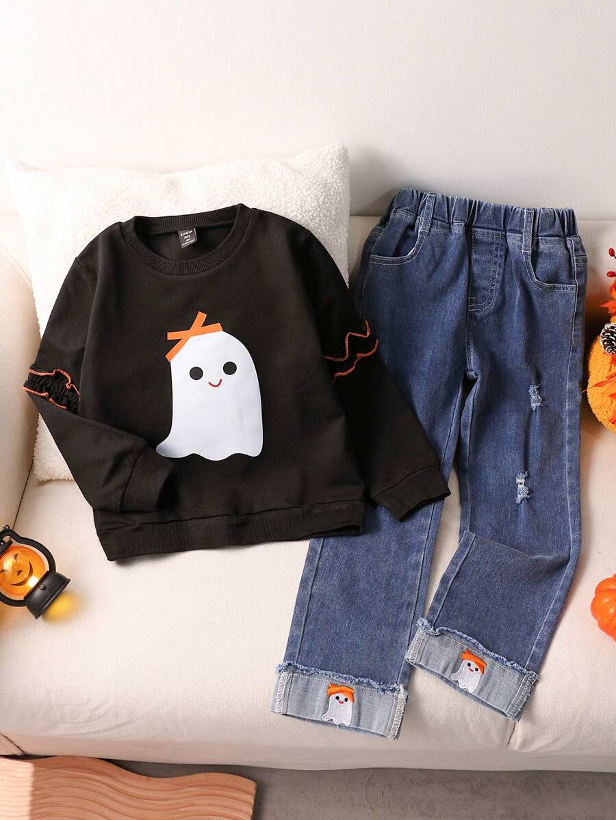 Moletom feminino com estampa de Halloween + calça jeans rasgada bordada