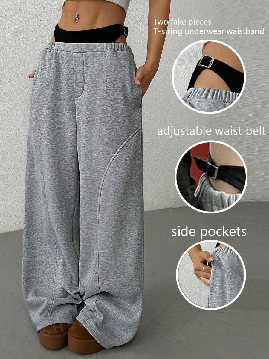 SHEIN EZwear Pantalones anchos casuales y versátiles de 2 en 1 con entrepierna ancha de punto gris para mujer
