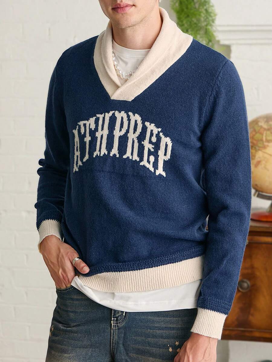Manfinity VCAY Men V-Neck Letter Printed Long Sleeve Pullover Sweater