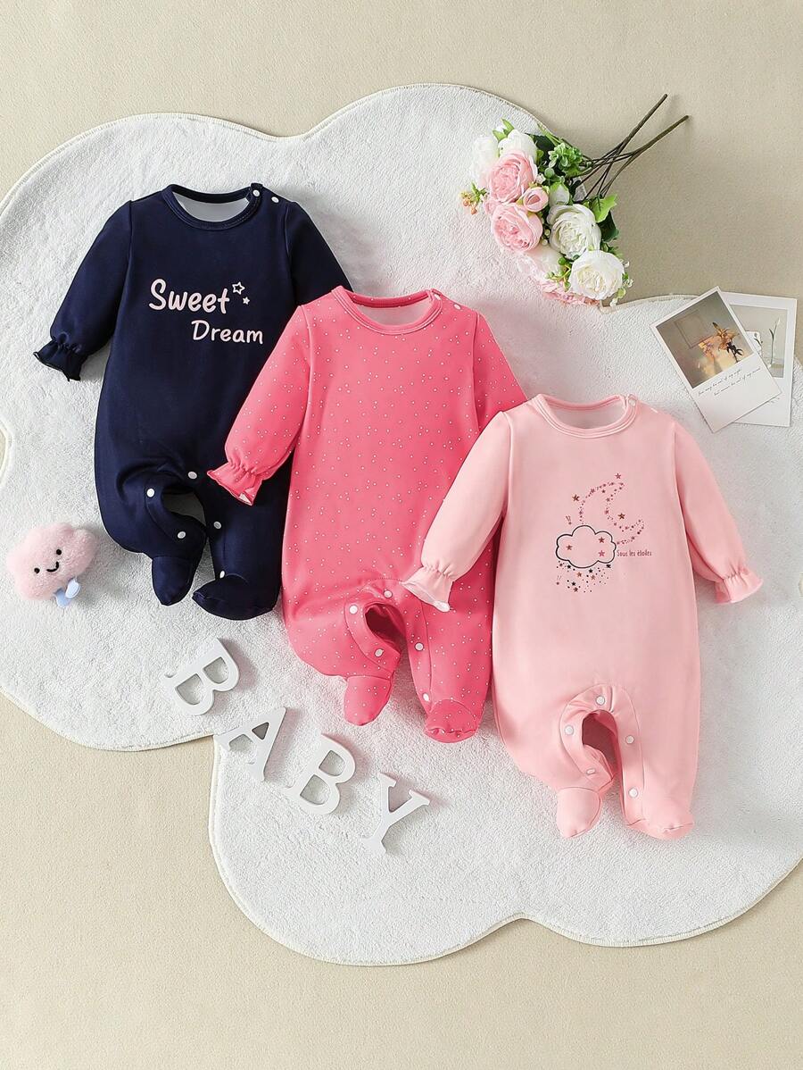 3pcs/Set Infant Girls' Minimal Style Moon & Polka Dot Print Pink, Watermelon Pink And Black Long Sleeve Jumpsuit Pajama Set