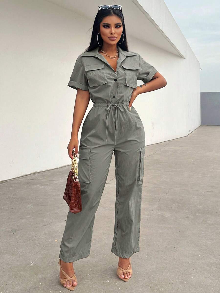 Zolique Women's Solid Color Front Button Jumpsuit With Pockets, Short Sleeves, Summer