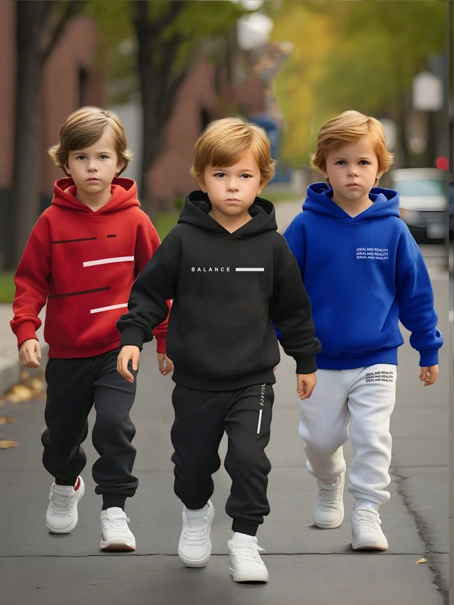 Set de 6 piezas de sudadera de manga larga con estampado de letras casual diaria y pantalones largos para niño pequeño, apropiado para primavera y otoño, adecuado para usar en la escuela, sudaderas con capucha para niños