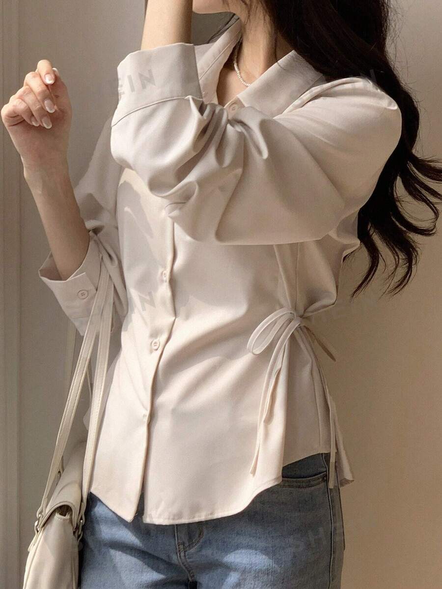 DAZY Camisa de mujer de unicolor, estilo de negocios casual con cuello de solapa, manga larga y cintura ceñida, ropa de otoño