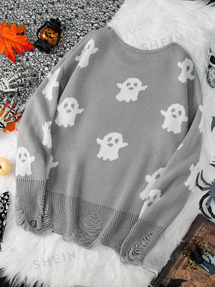 PUNK Suéter informal de manga larga con estampado divertido de fantasma de Halloween para mujer, otoño e invierno