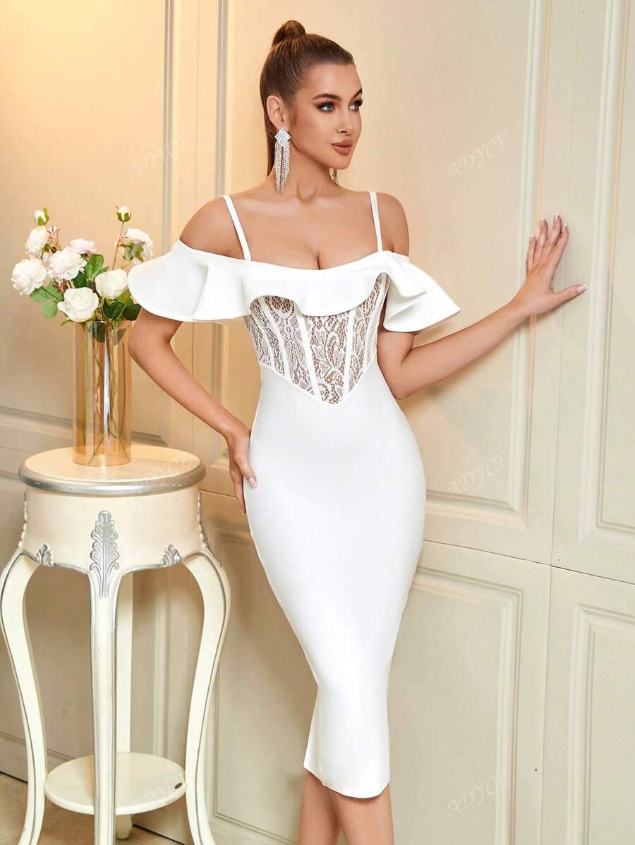 ADYCE Exaggerated Ruffle Trim Strap Sheer Mesh Lace Backless Bodycon Bandage Dress