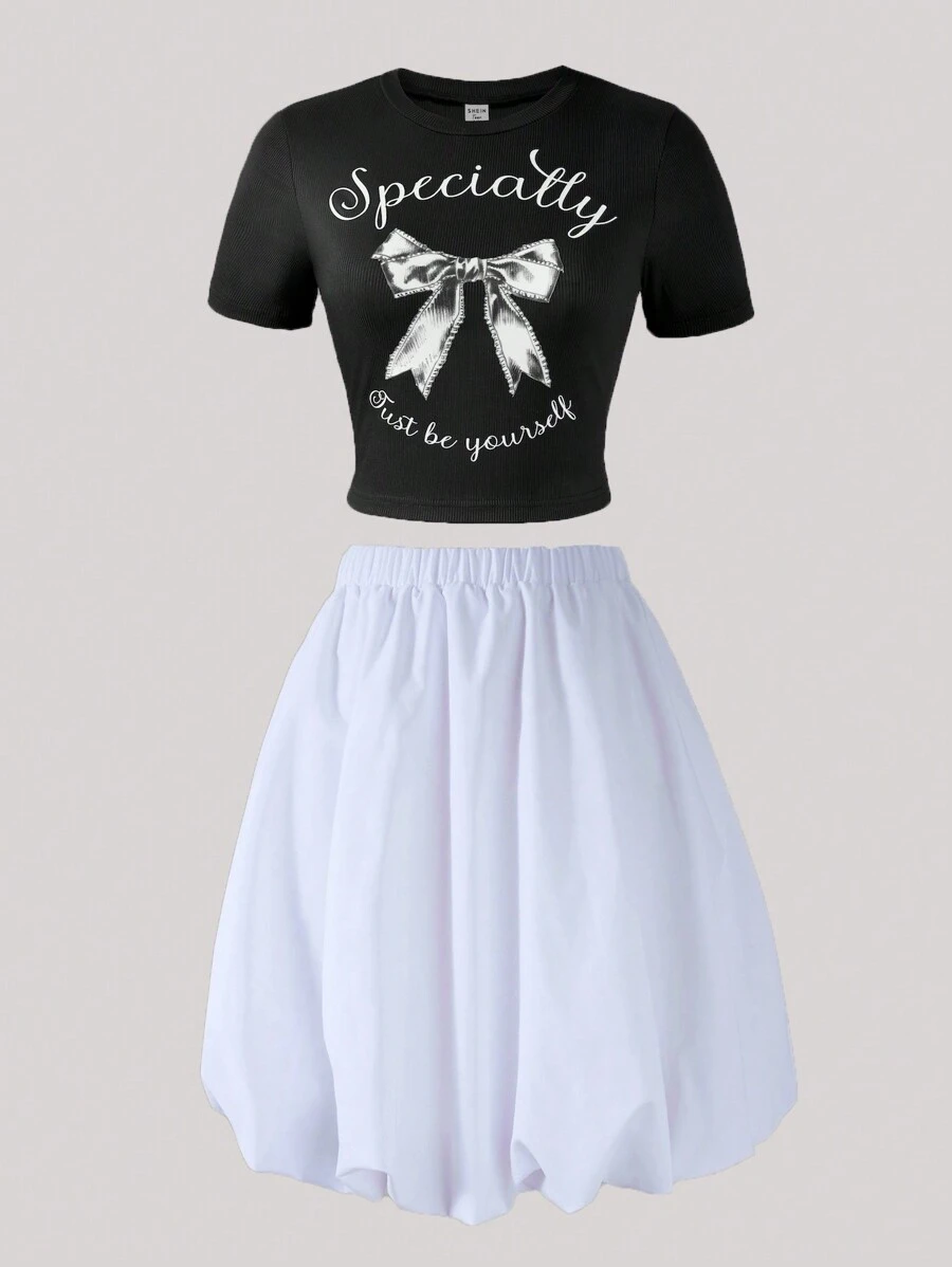 SHEIN 2 Stücke Set aus engem kurzen T-Shirt und Bud Rock für Teenager Mädchen, Schleifenmuster, Sommer