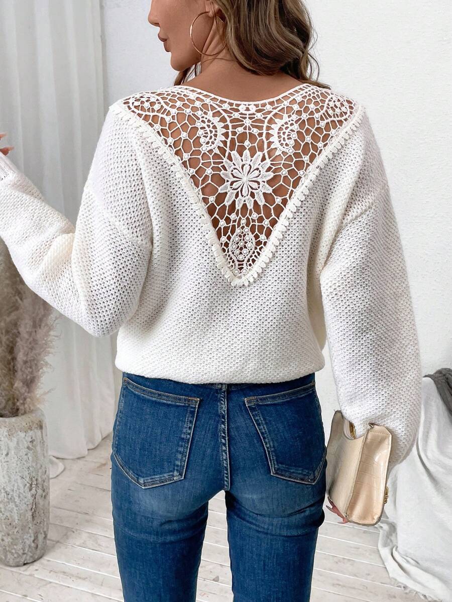 SHEIN LUNE pull élégant pour femmes avec col rond, épaules tombantes et contraste de dentelle, pour l'automne et l'hiver