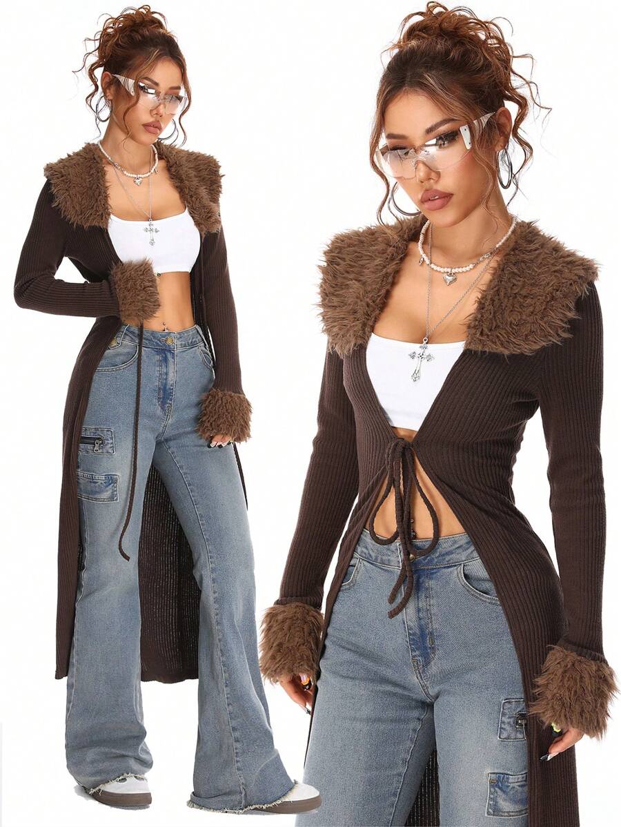 Coolane Y2K Fashion Vintage Rib Knit Flannelette Textured Lace Up Brown Long Cardigans