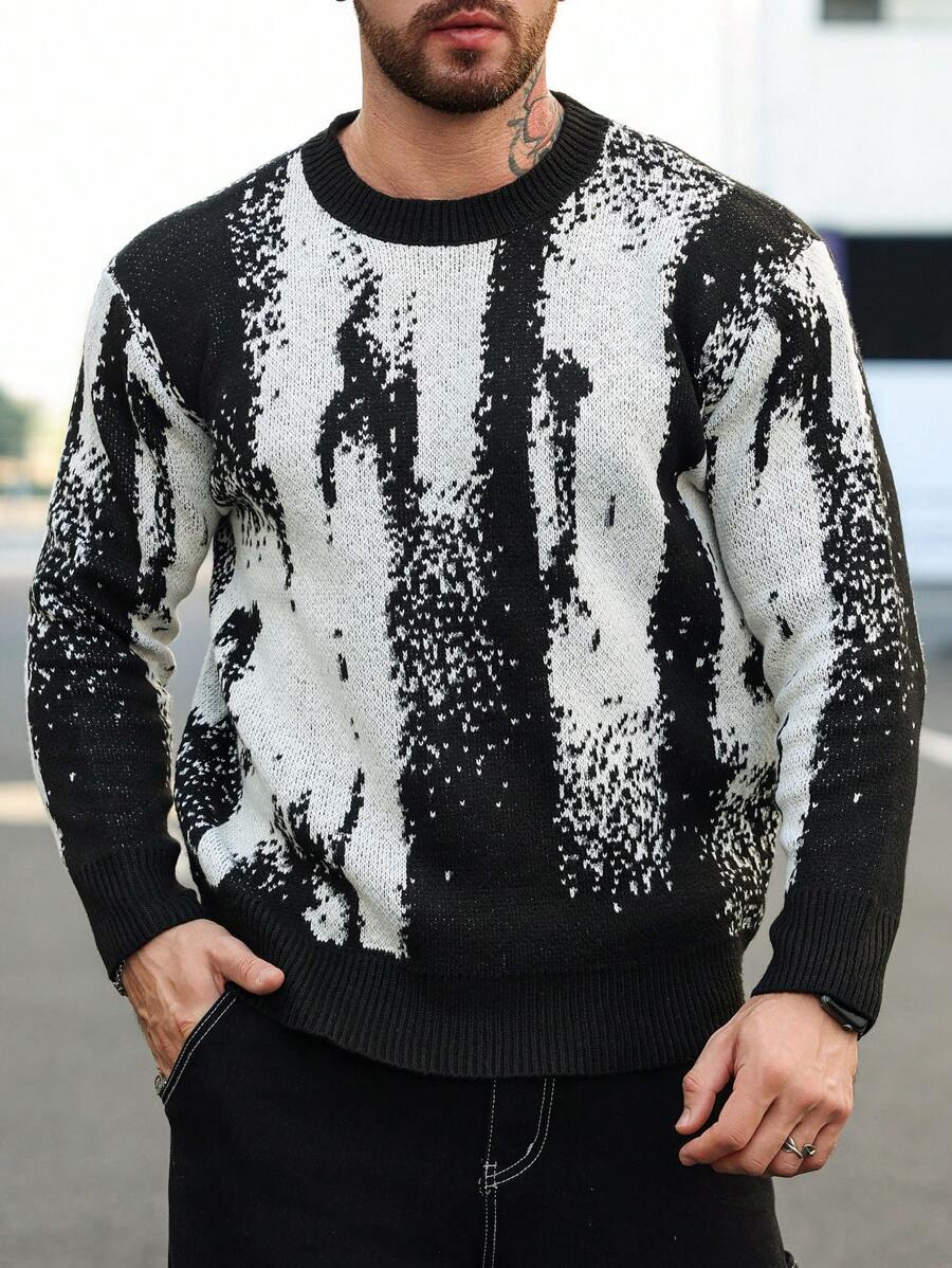 Manfinity LEGND Plus Size Men's Crew Neck Allover Print Long Sleeve Casual Loose Comfortable Fashionable Sweater