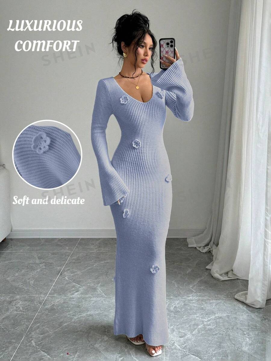 Elenzga Vestido jersey de manga larga con decoración floral 3D para mujer