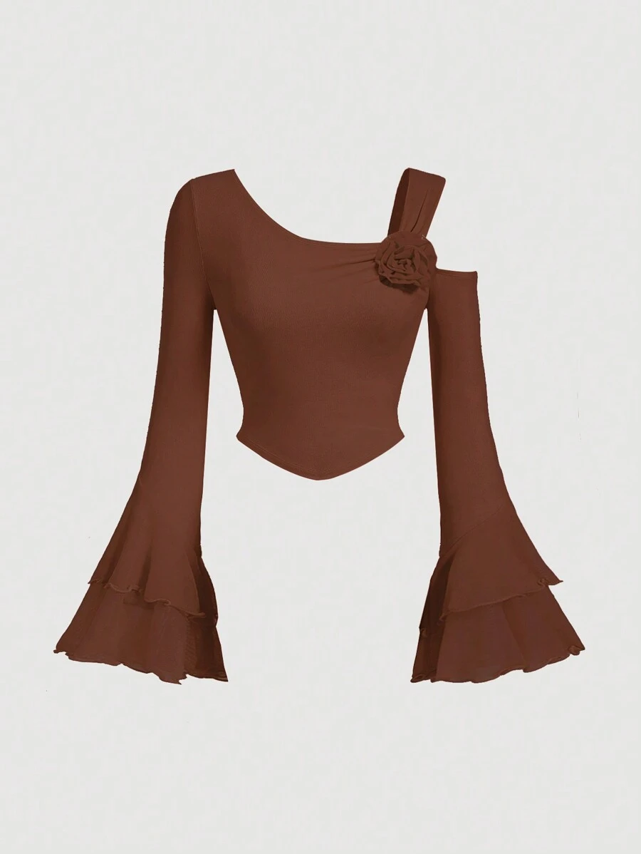 SHEIN MOD Women's Elegant Solid Color Asymmetric Collar 3D Flower Decor Flare Sleeve T-Shirt, Spring Autumn