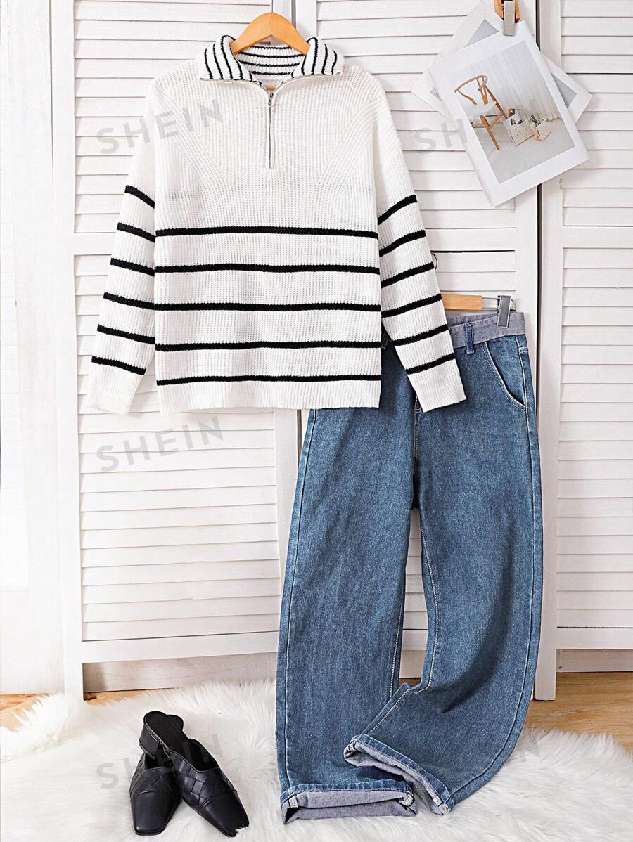 SHEIN Essnce Suéter de cuello con media cremallera, en colores en bloque y rayas, de talla grande
