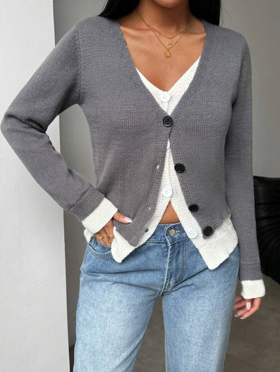 SHEIN LUNE Elegante cárdigan ajustado de dos en 1 con bloques de color para mujeres