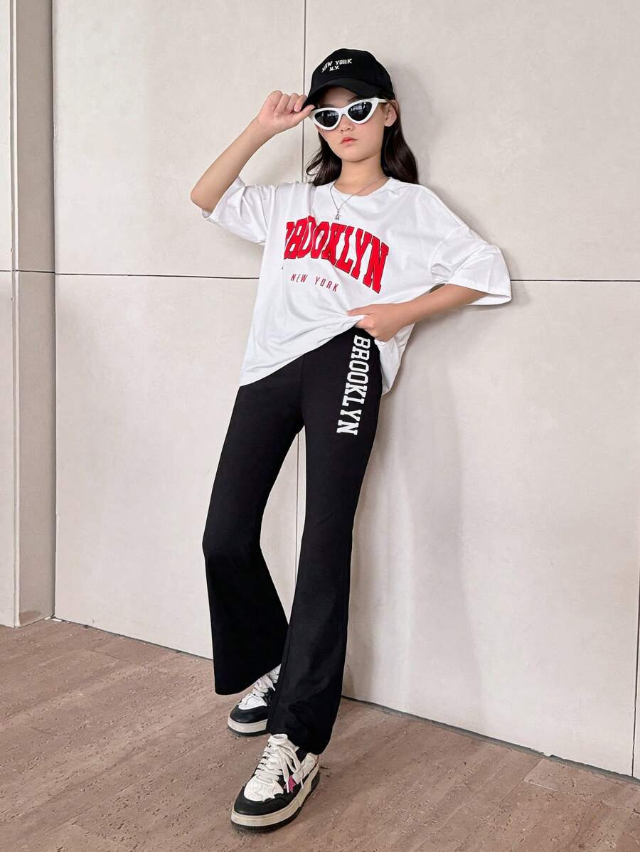 SHEIN 2 peças/Conjunto Camiseta de Manga Curta com Fenda Alta e Estampa de Letra e Legging Casual Solta para Meninas Pré-Adolescentes