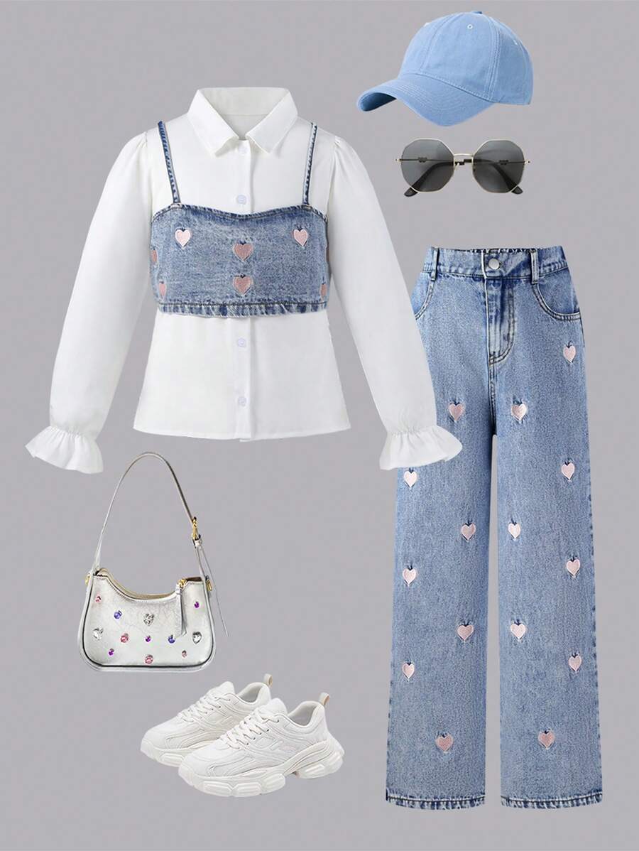 SHEIN Conjunto de ropa informal de 3 piezas para niña preadolescente, estilo Y2K, con camiseta de tirantes con bordado de corazón a juego con camisa y jeans