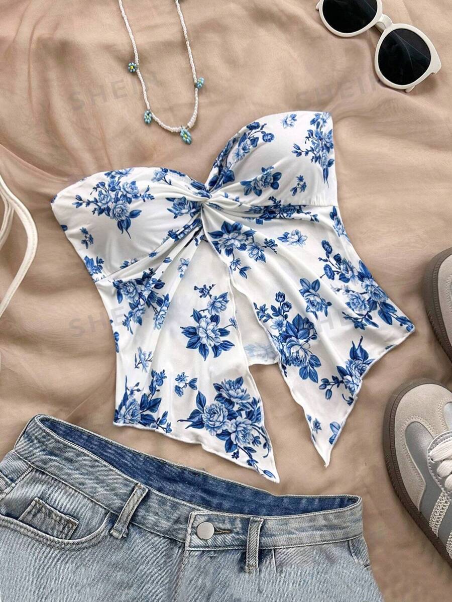 Soleia Top crop de damă de vacanță cu imprimeu floral, cu fantă în față, top confortabil din șifon, potrivit pentru ceaiul de după-amiază, absolvire, îmbrăcăminte ocazională, plajă, petrecere