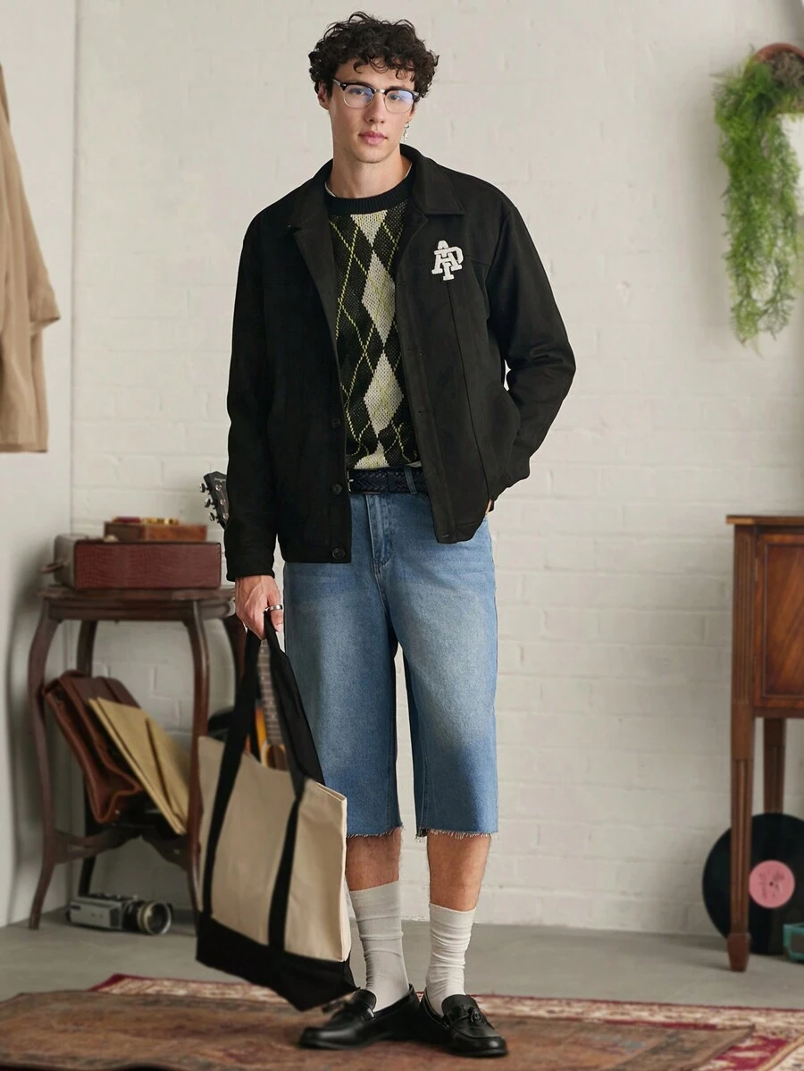 Manfinity VCAY Giacca casual da uomo con toppe a lettera, autunnale