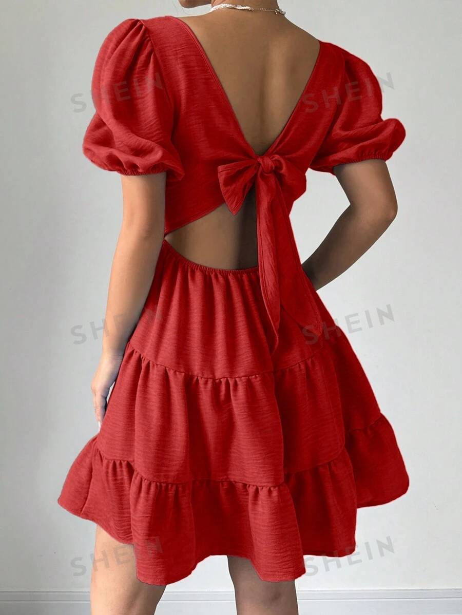 RosyDaze Vestido nuevo 2025 de verano con cuello halter, mangas abullonadas, espalda descubierta, lazo y dobladillo con volantes en color rojo, para uso en conciertos, playa, vacaciones y ocio