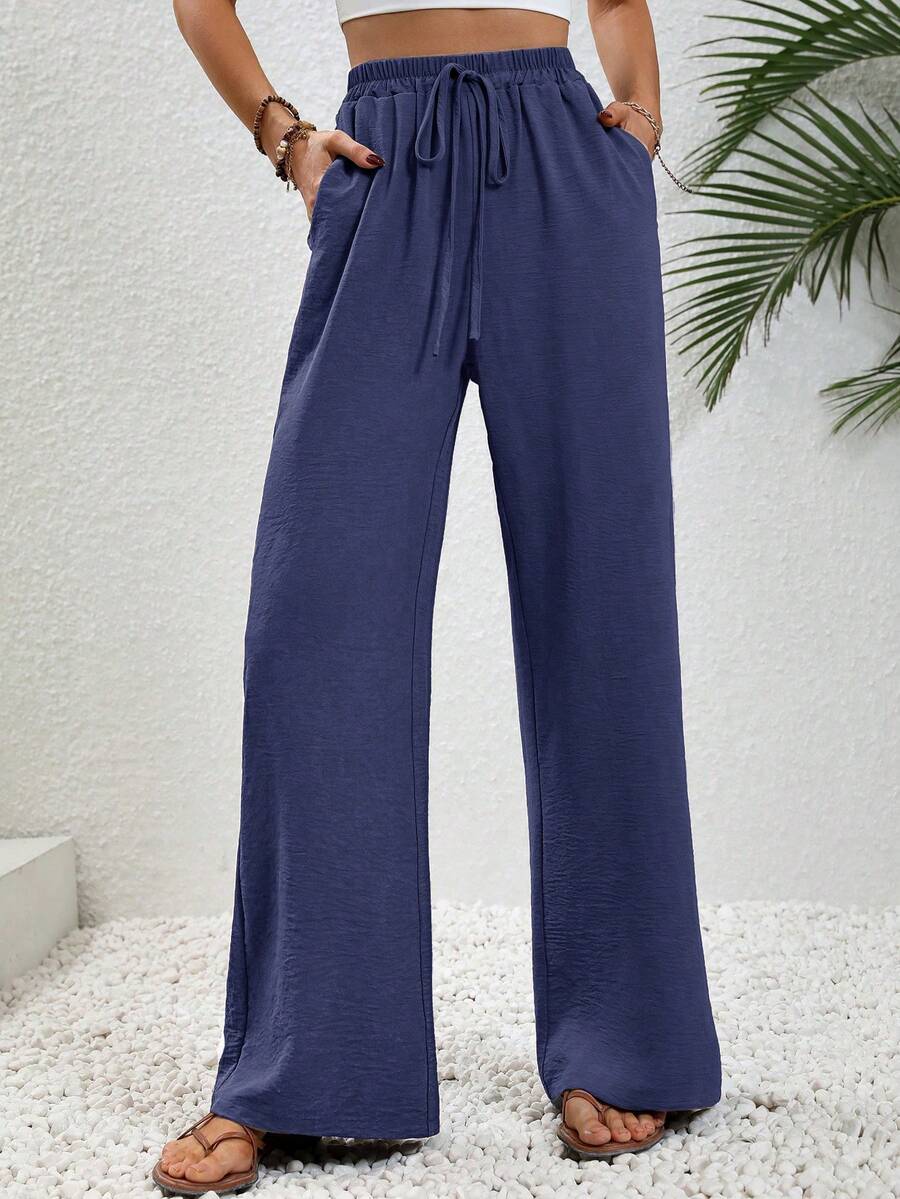 SHEIN LUNE Pantalones casuales de unicolor con cordón y bolsillos, talla 7/8 - 9/10