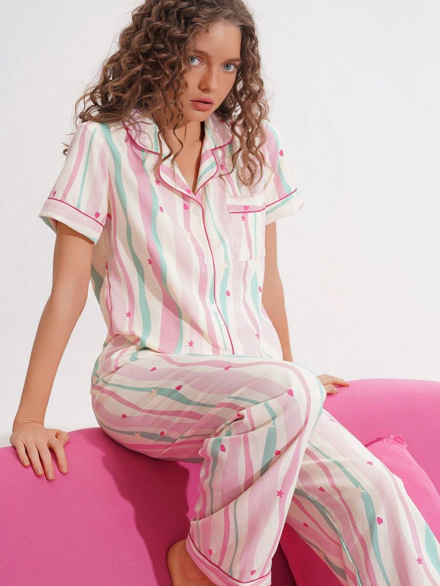 Chillnights Women's Colorful Striped Bubble Crinkle Casual Pajama Set Holiday Season