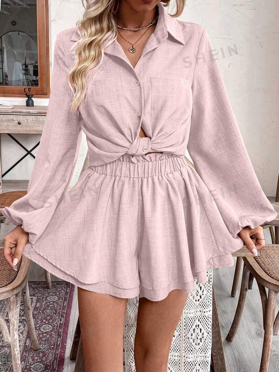Breezaya 2 piezas Conjunto de blusa de botones con cuello casual y falda evasé para mujer