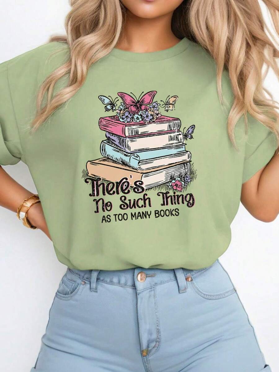 INAWLY Women Casual Round Neck Short Sleeve Book & Wild Flower Printed T-Shirt Graphic Tees Women Tops