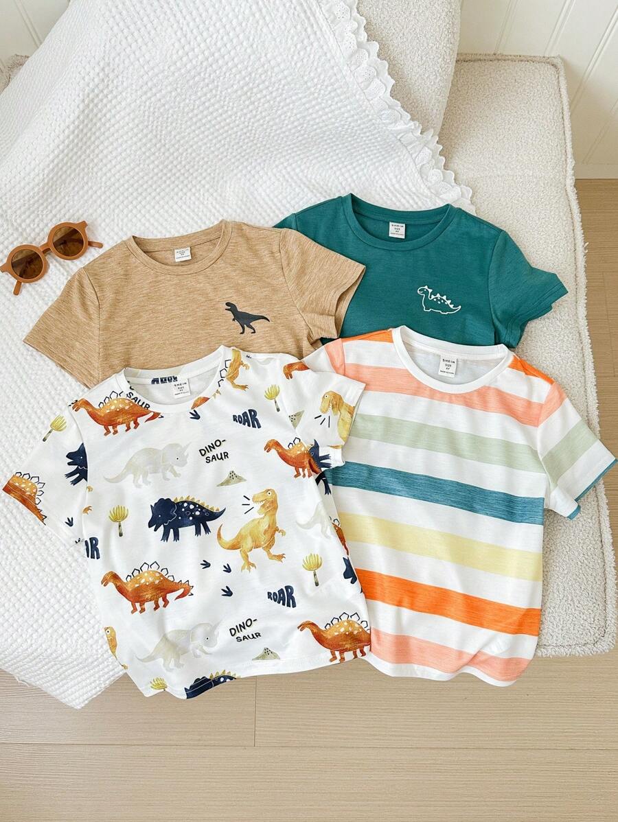 3pcs/Pack Young Boy Cartoon Graphic Short Sleeve Tees Dinosaur Clothes