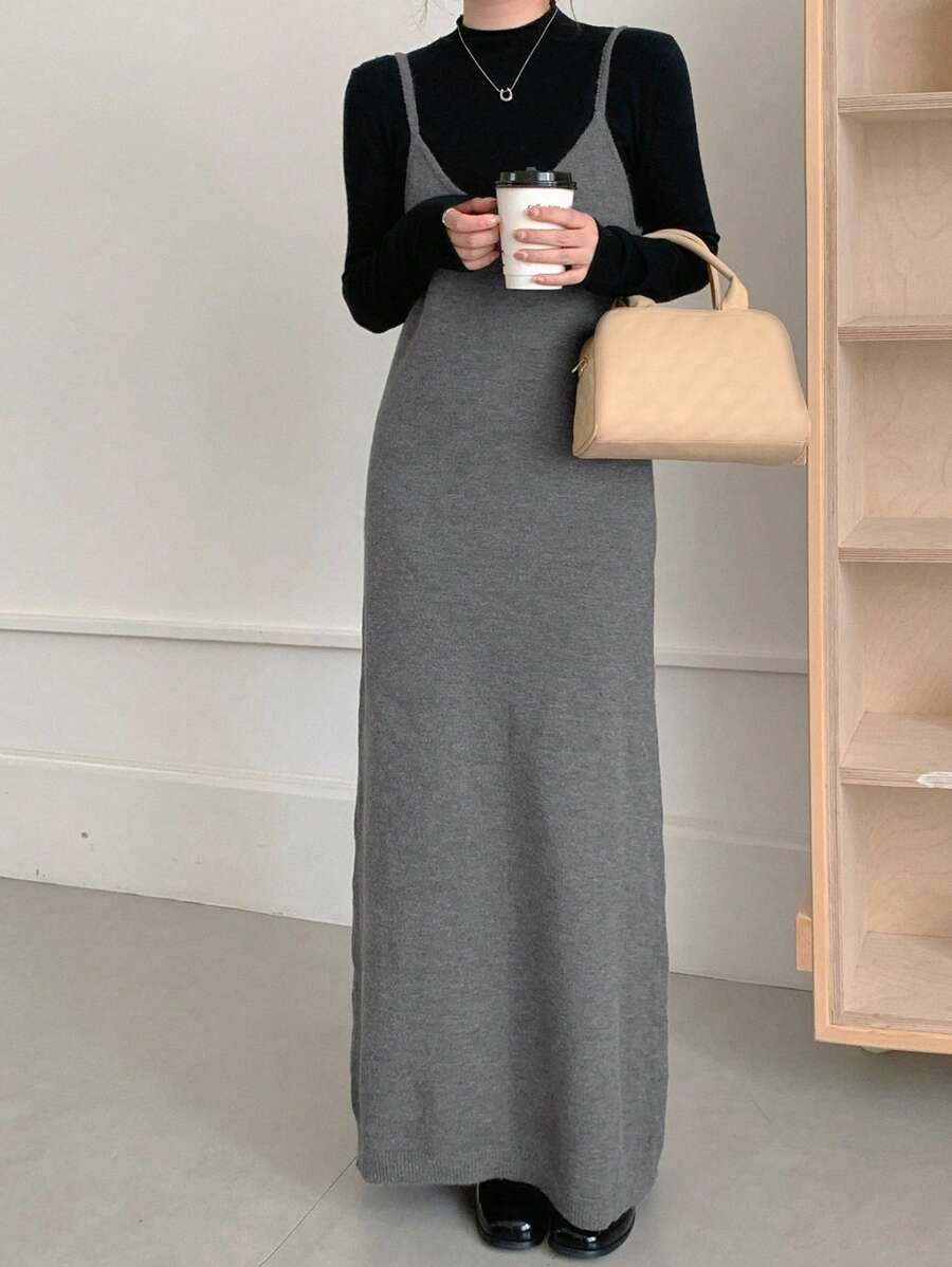 DAZY Women's Solid Color Long Casual Sleeveless Sweater Dress For Fall & Winter
