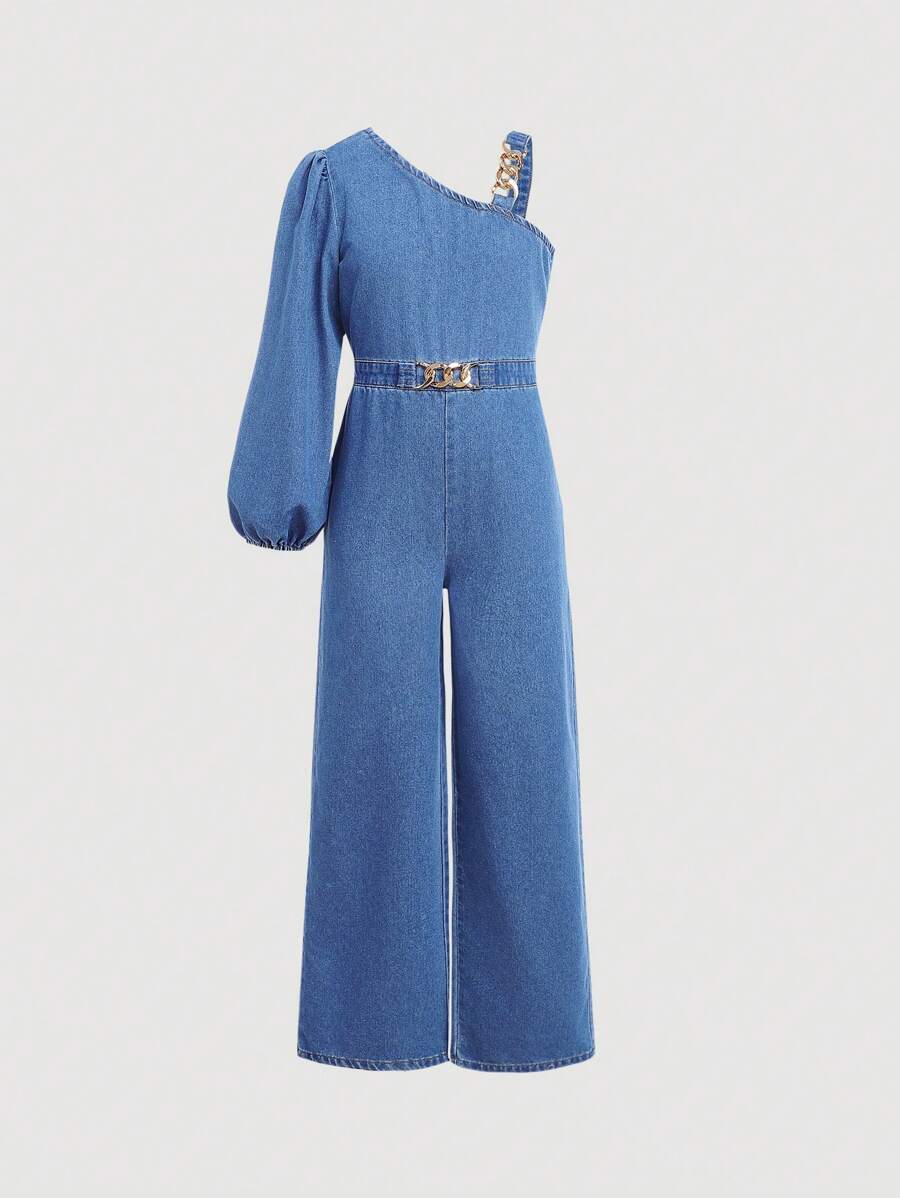 SHEIN Tween Girl Chain Detail Asymmetrical Neck Wide Leg Denim Jumpsuit,Girls Fall Clothes Back To School Outfits