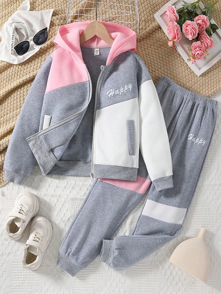 Tween Girls 2pcs Outfit - Zip-Up Hoodie Jacket And Jogger Pants Set, Casual Sporty Winter Suit