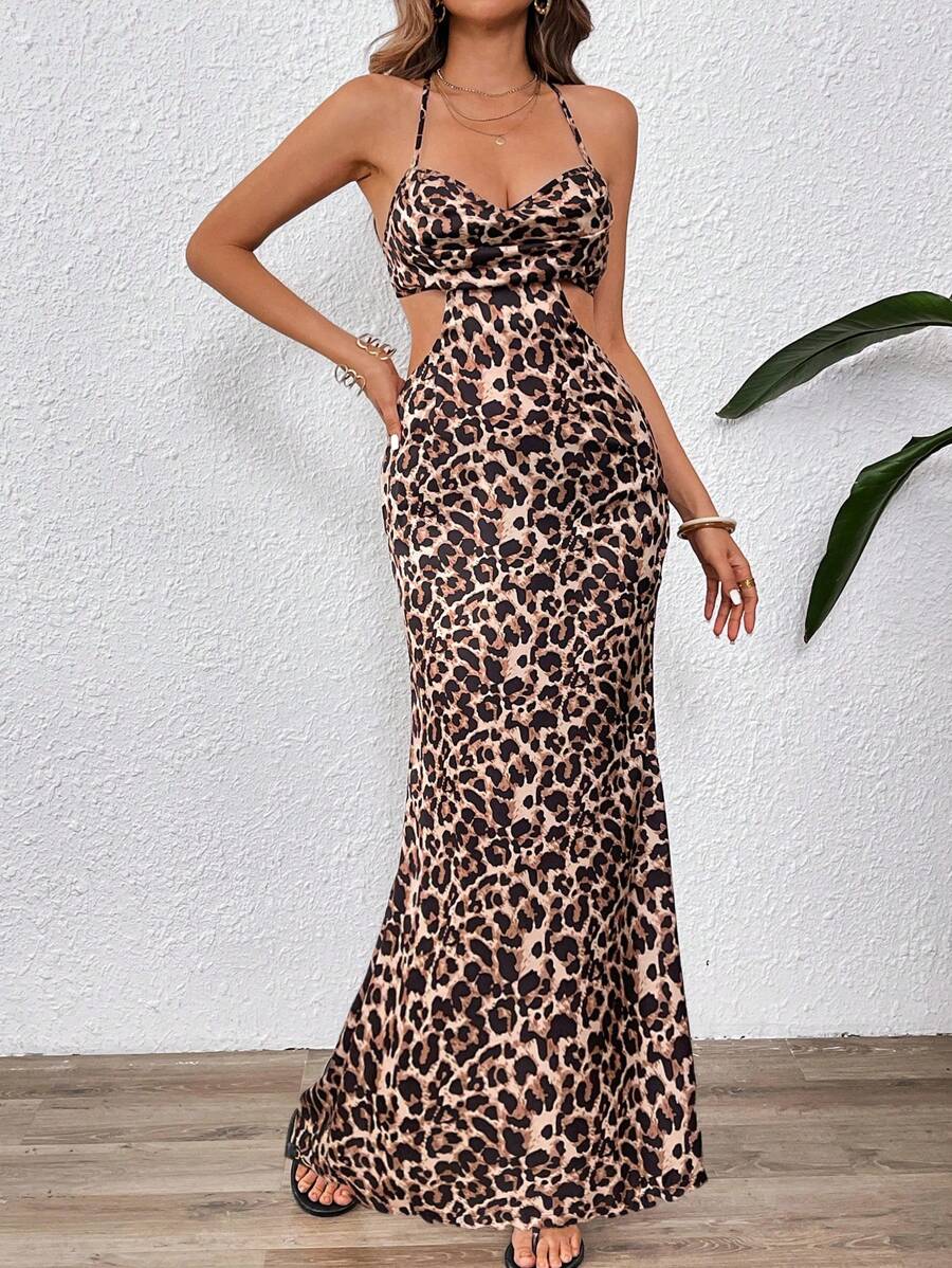 SHEIN VCAY Satin Maxi Fishtail Dress,Christmas Outfits,Party Wear,Halloween Outfits,Vacation Chiffon Leopard Print Cutout Strap Ruffle Hem Women Dress