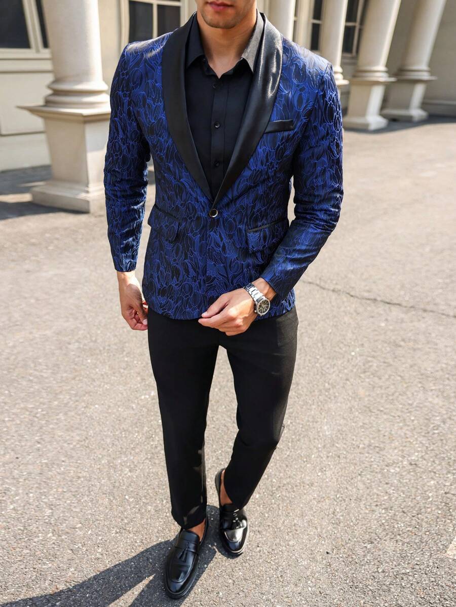 Manfinity AFTRDRK Ensemble 2 pièces composé d'un blazer imprimé sur toute la surface à simple boutonnage avec manches longues et d'un pantalon de costume unicolore pour hommes