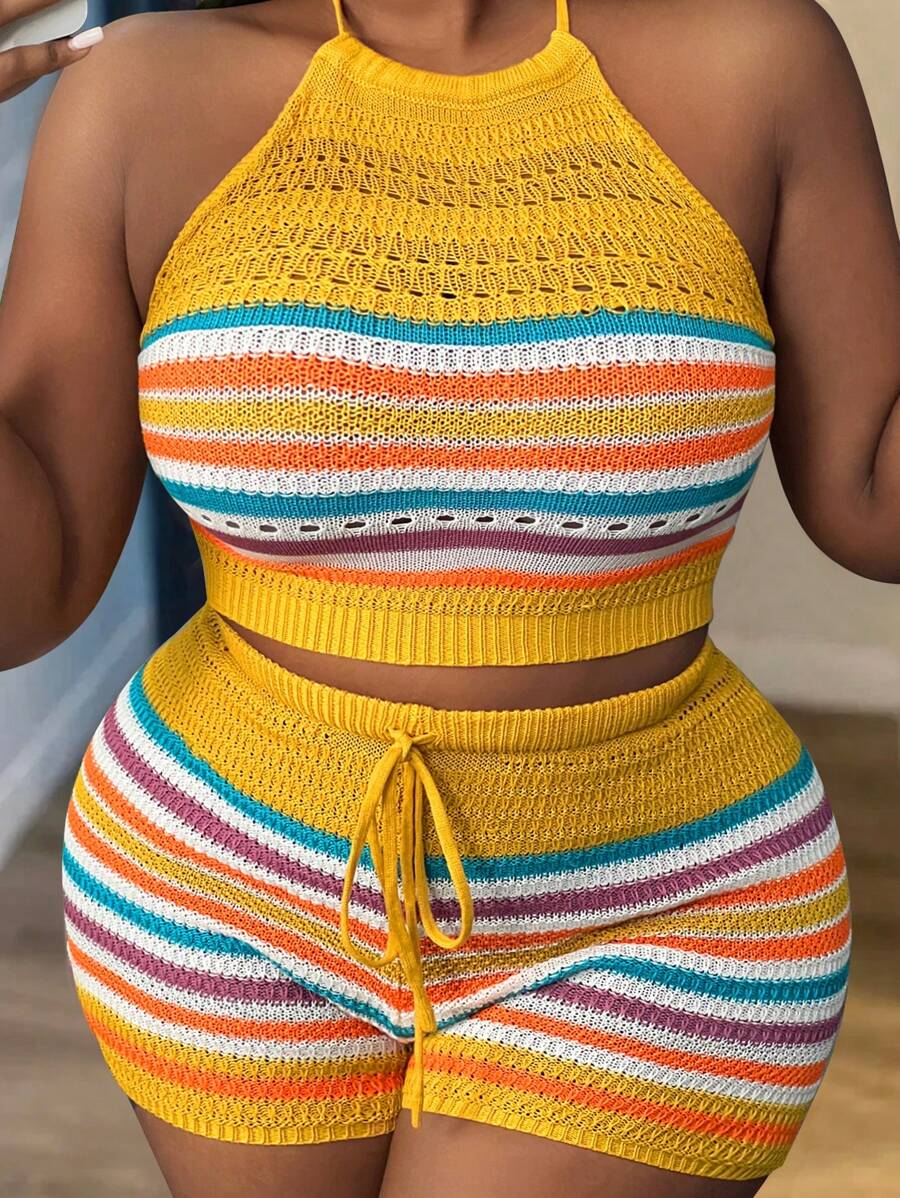 Slaydiva Plus Size Women Holiday Leisure Slim Fit Sleeveless Top & Rainbow Striped Shorts Knitted Set, For Pride Month, Summer