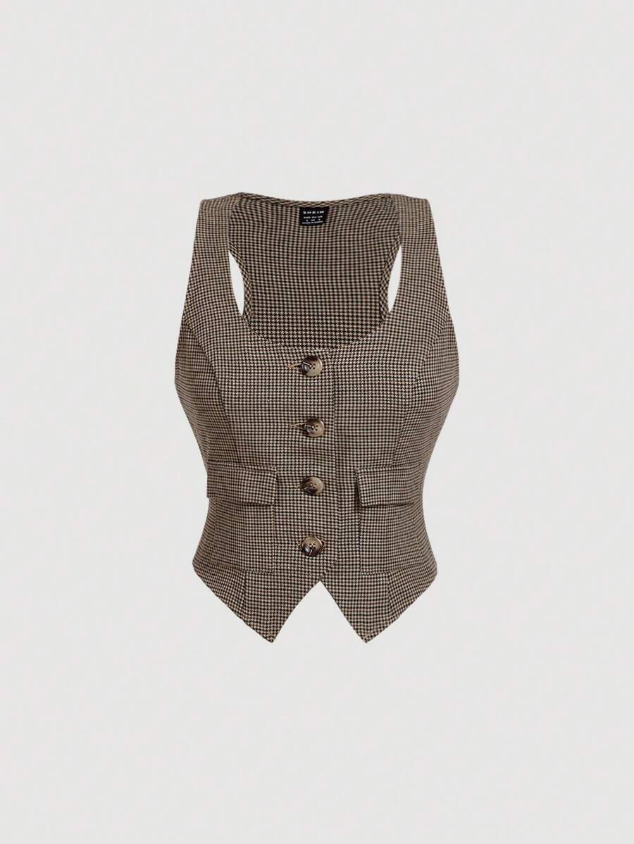 SHEIN MOD Vintage Plaid U-Neck Front Button Pocket Casual Suit Vest Jacket
