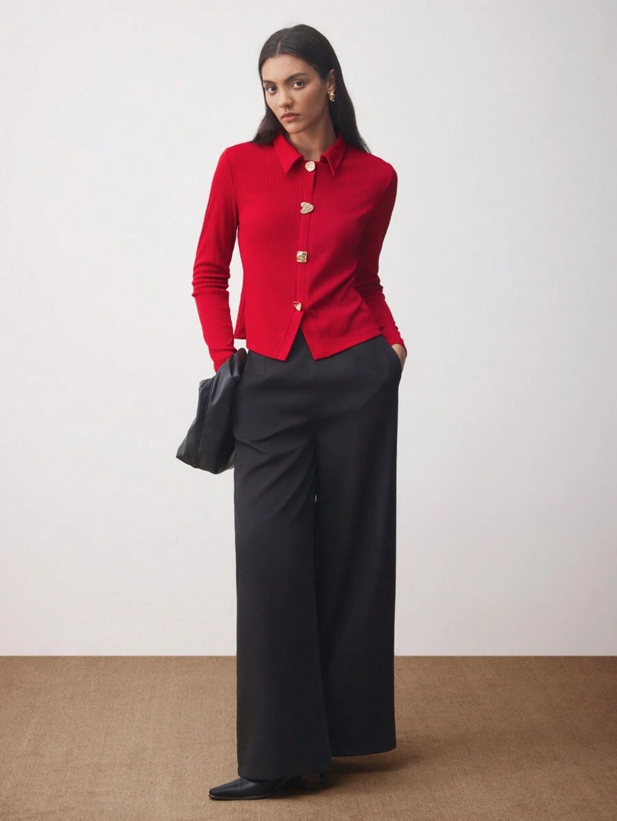 BizChic Elegancki damski top z metalową klamrą zdobiony dzianiną na jesień dla kobiet