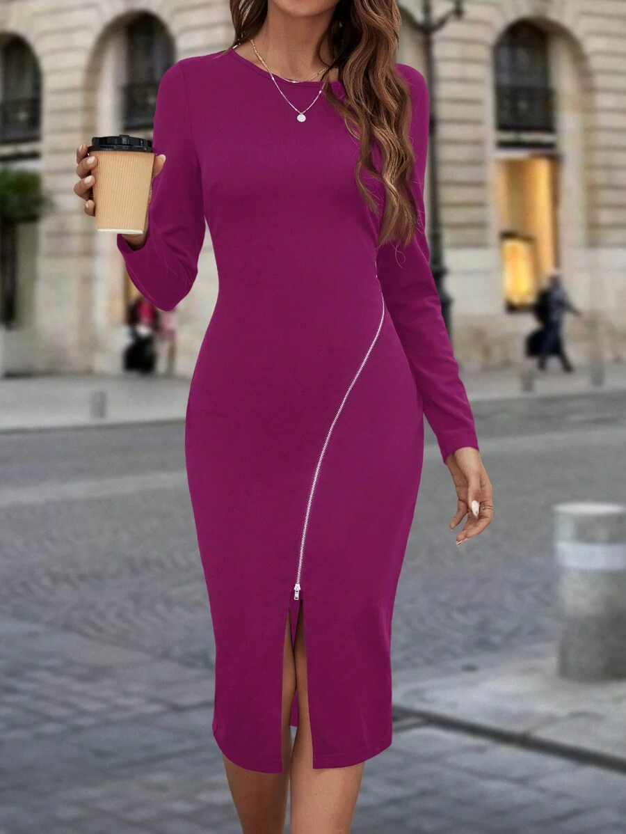 SHEIN Clasi Women Crew Neck Long Sleeve Zippered Fitted Elegant & Charming Dress