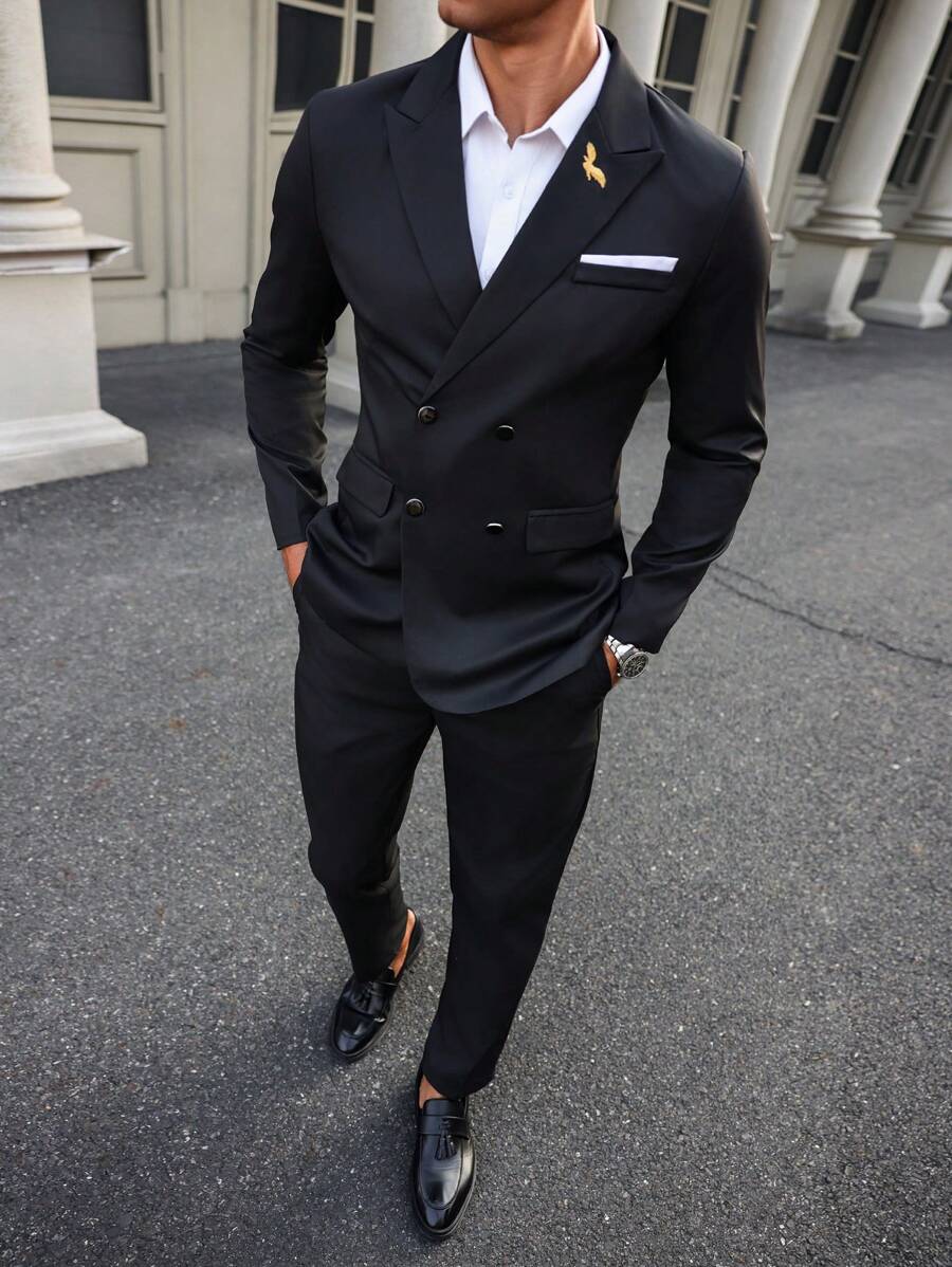 Manfinity Bizformal 2 stuks heren effen kleur mode dubbelrijs jasje en broek pak set