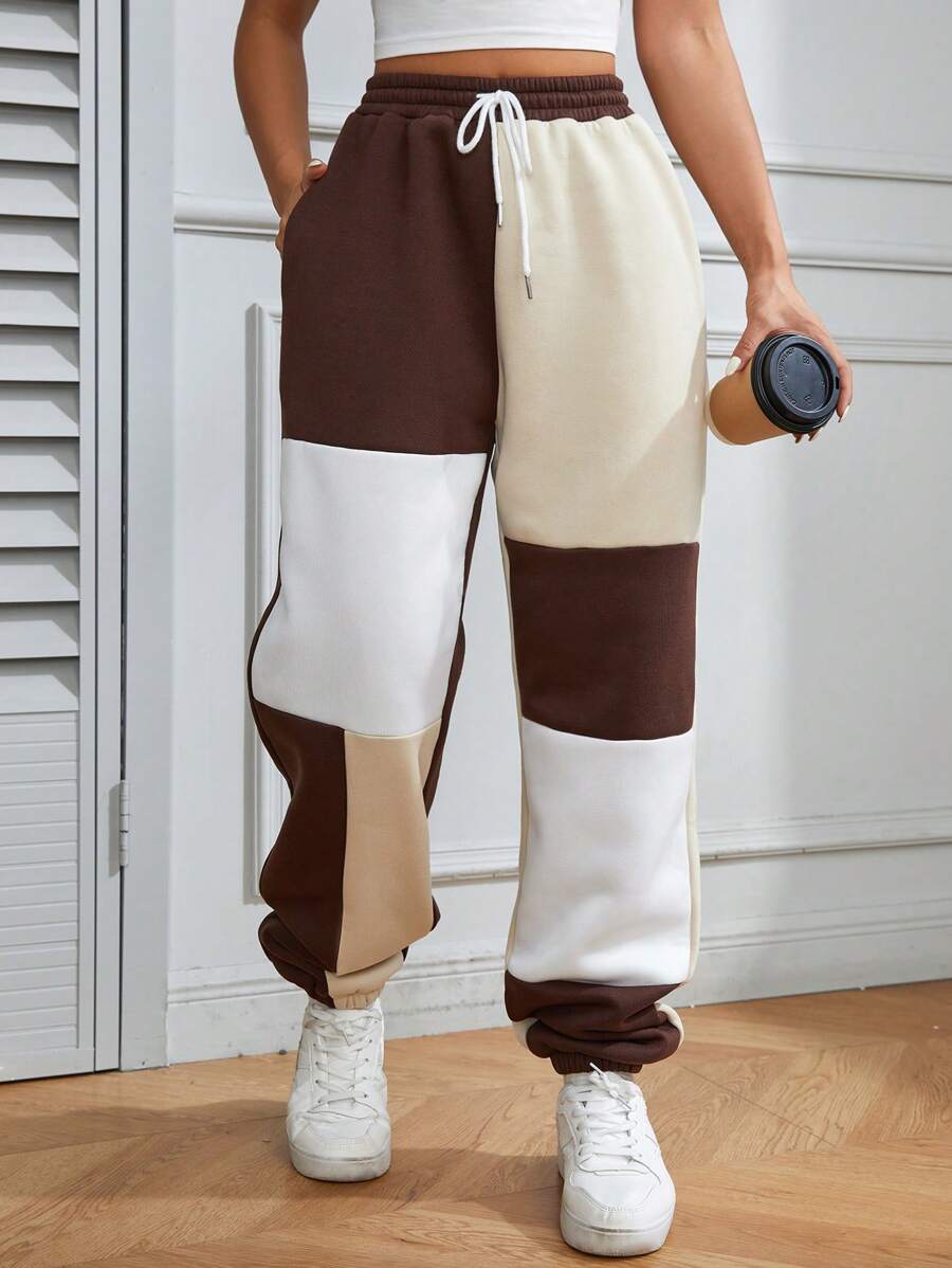 Flirla Colorblock Drawstring Waist Slant Pocket Sweatpants Graduation,Back To School Outfits,Graduation,Teacher Outfits For Women,Back To School