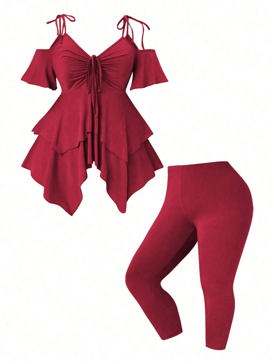 SHEIN Clasi 2pcs Plus Size Women Summer Solid Color Off Shoulder Short Sleeve Asymmetric Hem Top And Pants Set For New Year Clothes