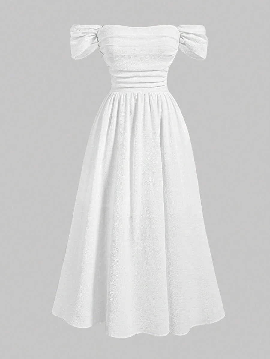 SHEIN Girlism Vestido midi casual minimalista de cor sólida com ombros de fora e cintura apertada para meninas pré-adolescentes
