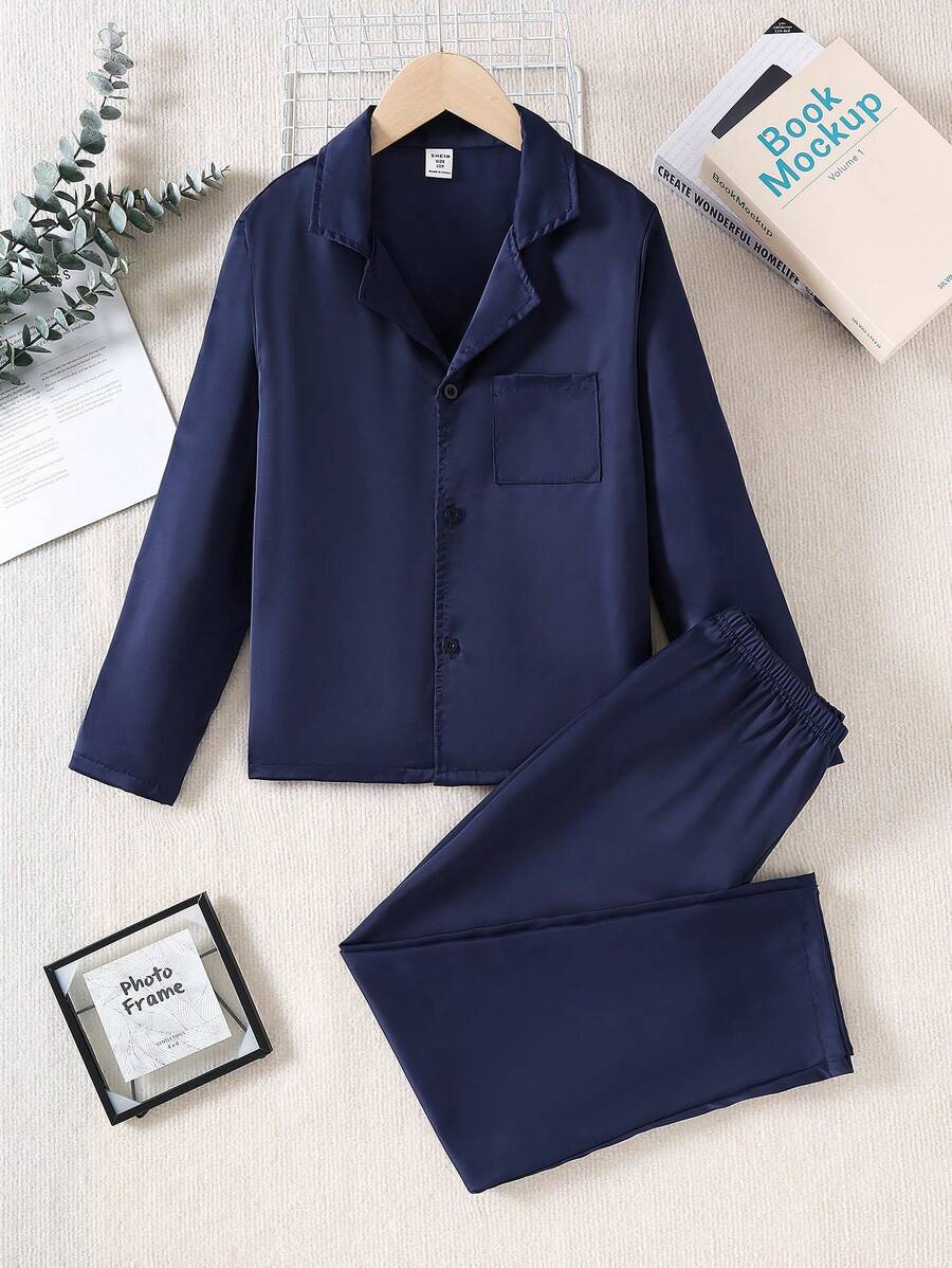 SHEIN 2 pièces/set Pyjama pour pré-adolescents garçons, cardigan à col châle bleu marine unicolore et pantalon, ignifuge, confortable