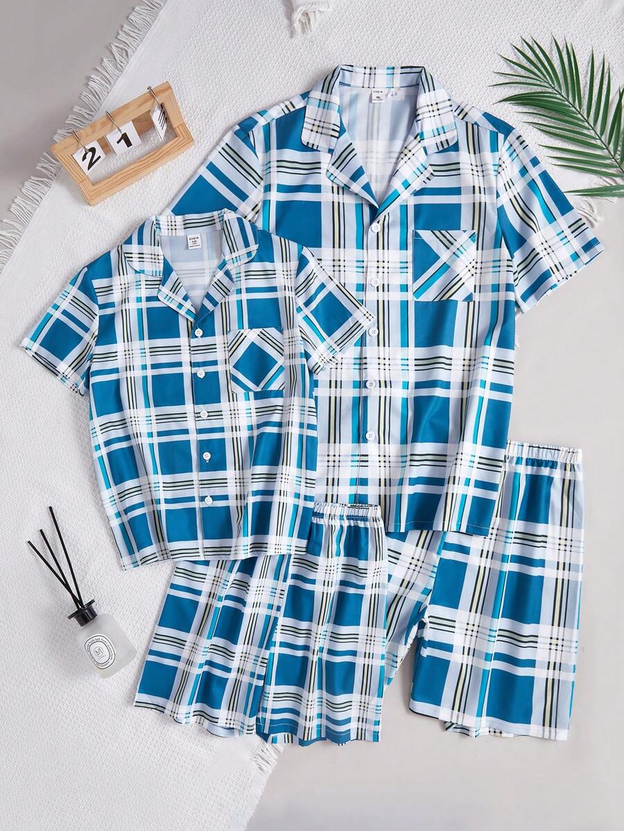 2pcs Plaid Pattern Short Sleeve Cardigan And Shorts Casual Pajama Set For Tween Boys